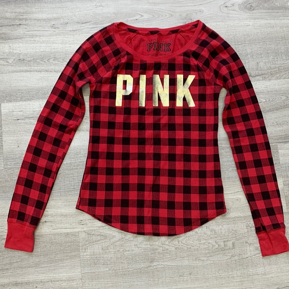 PINK Buffalo Red & Black Check Thermal Top Shirt Sz Small Y2K